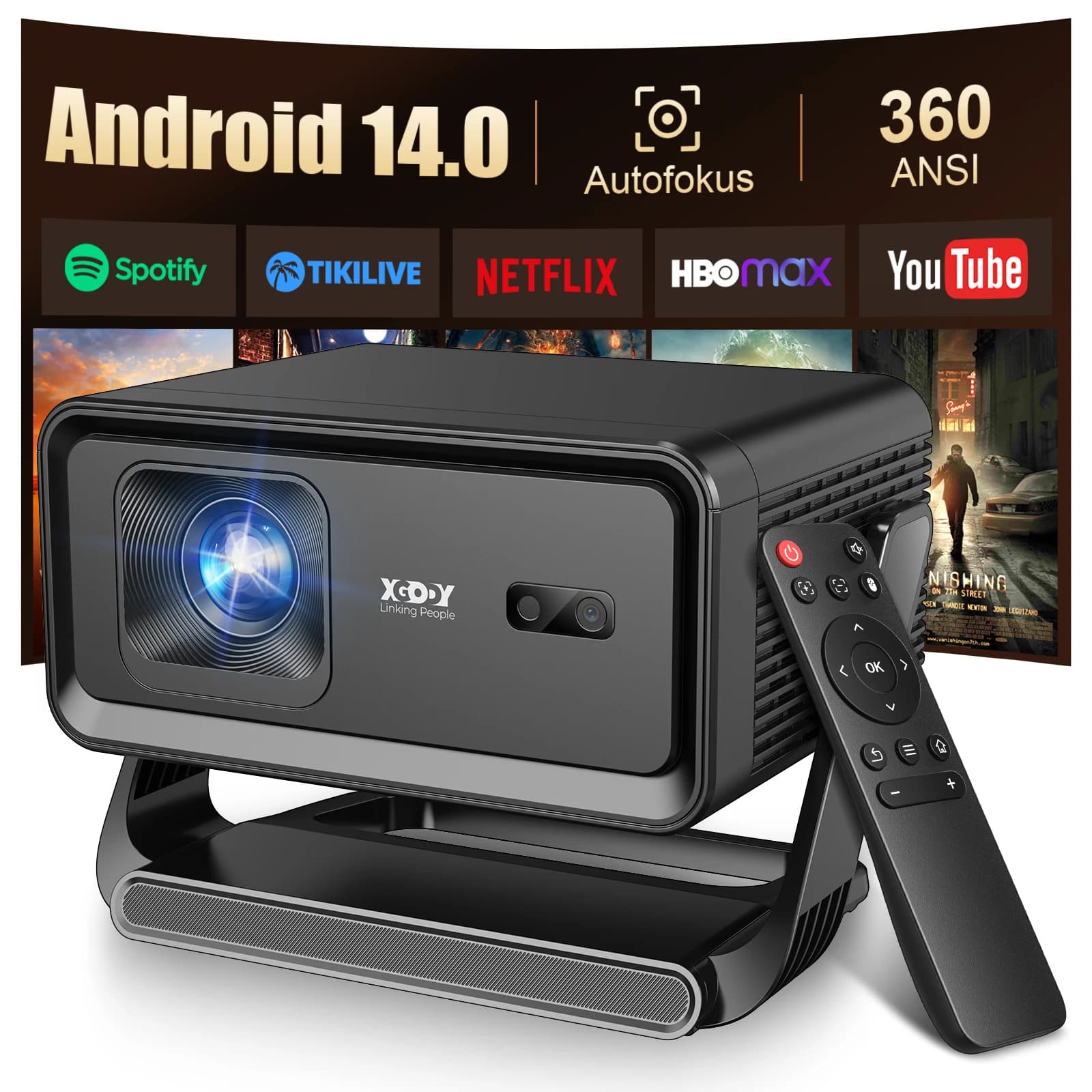 Projektor XGODY A1 – 4K, Android 14, gimbal, autofokus, Wi-Fi 6 i BT 5.4