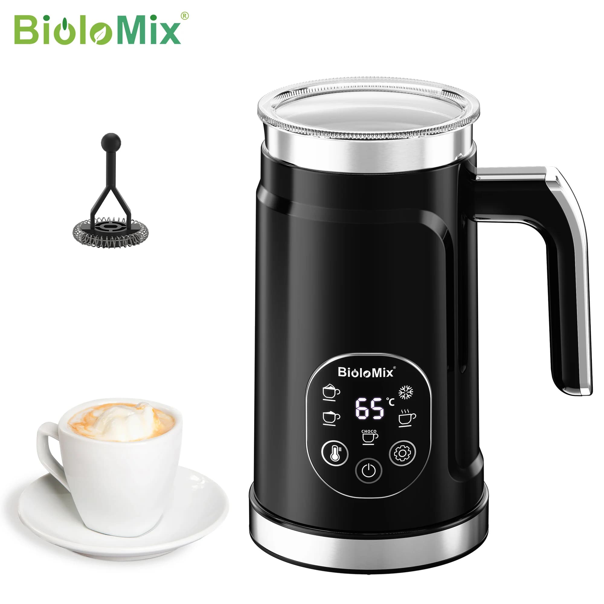BioloMix 5-w-1 Inteligentny Spieniacz do Mleka z Dotykowym Wyświetlaczem LED, Spieniacz do Kawy i Latte, Spieniacz do Mleka na Ciepło i Zimno
