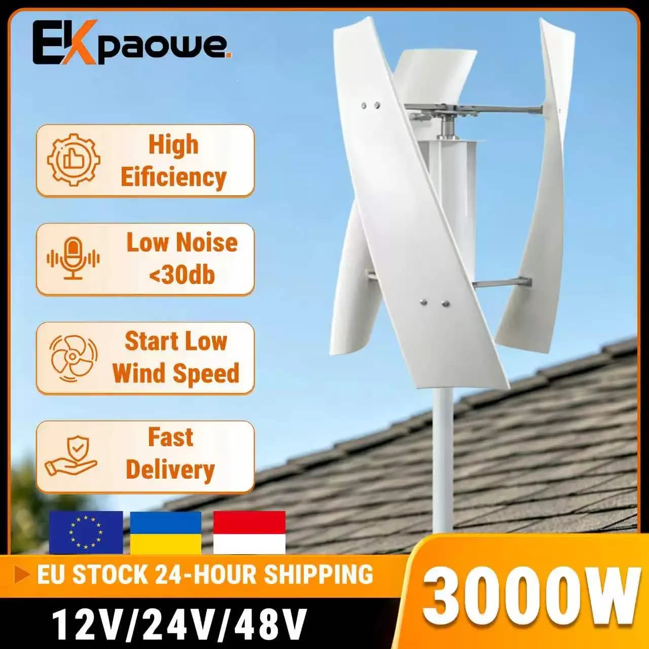 EKPAOWE — pionowa turbina wiatrowa 3000 W 12 / 24 / 48 V do systemów off-grid, wysyłka z Polski
