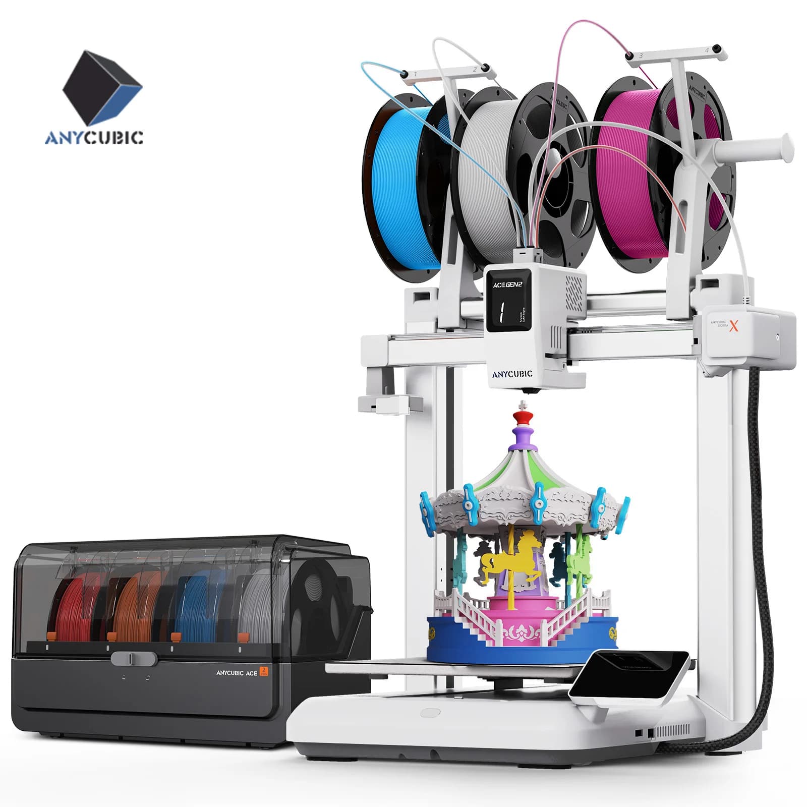 Drukarka 3D ANYCUBIC Kobra X Combo, maksymalna prędkość druku 600 mm/s, 2x oszczędność czasu i materiału, drukowanie do 19 kolorów, automatyczne poziomowanie.