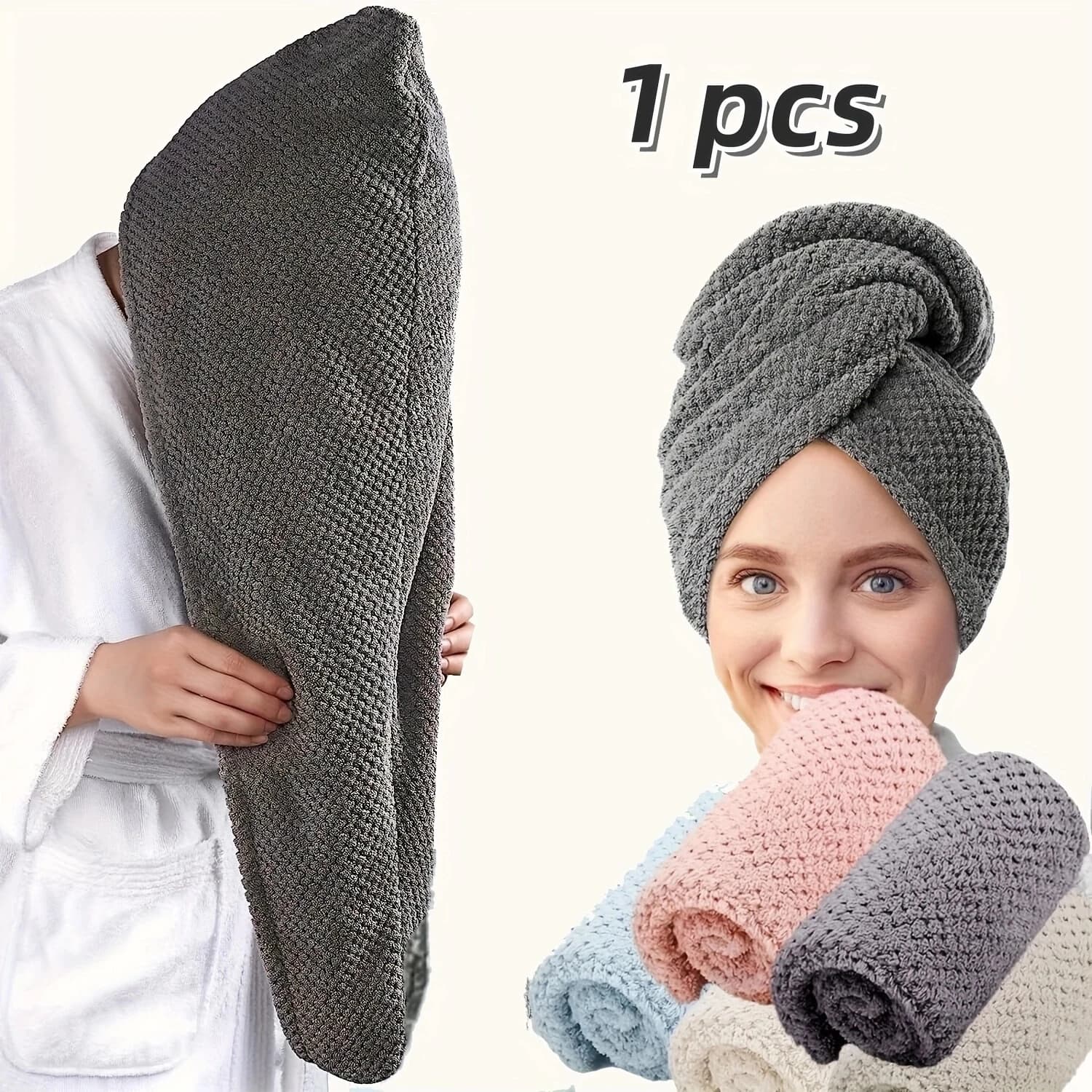 Jednokolorowy ręcznik do włosów z teksturą, czapka do suszenia włosów 25 cm x 65 cm, chłonny ręcznik do włosów dla kobiet z zapięciem na guziki.