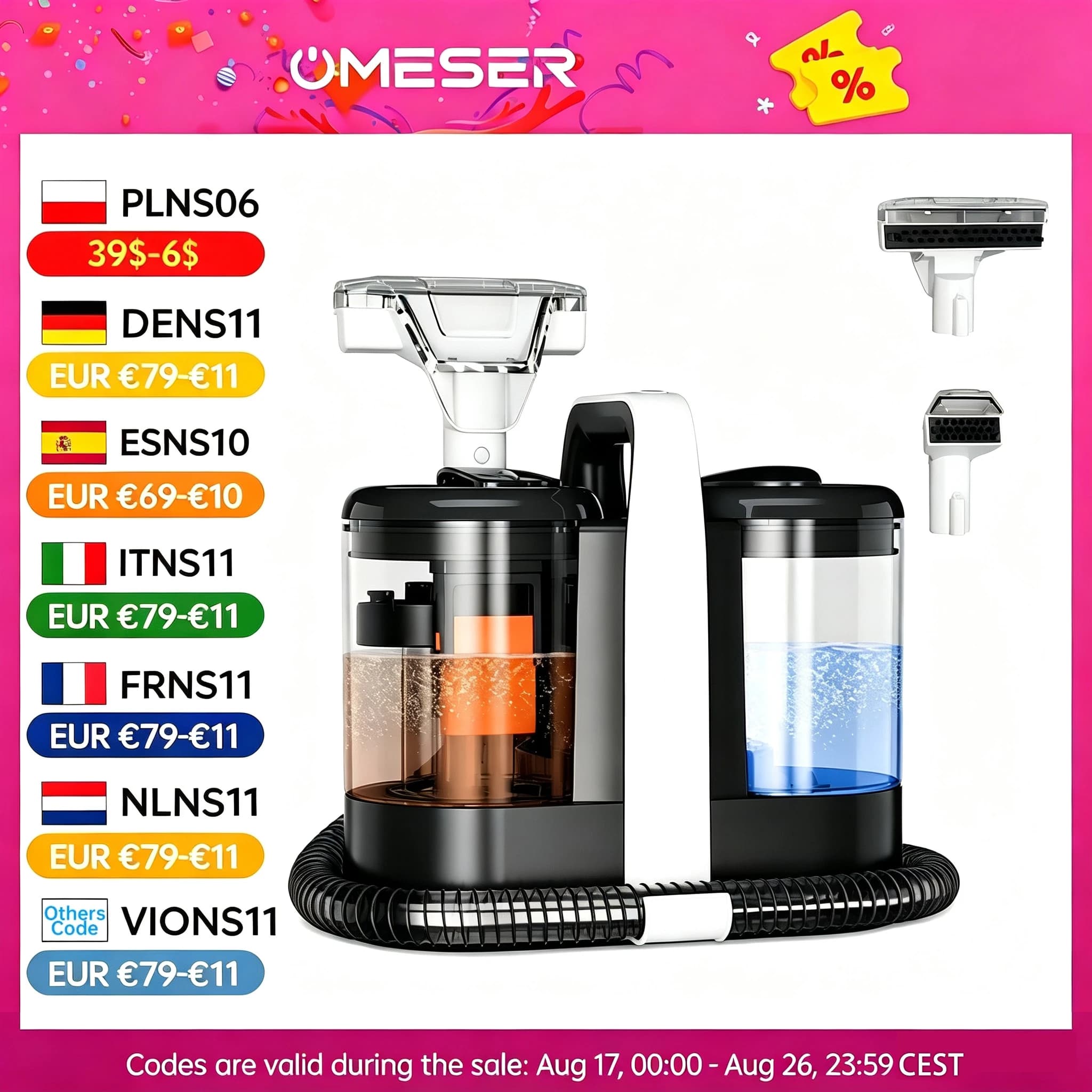 OMESER W07 — przenośny odkurzacz do dywanów i tapicerki 600 W, 15 kPa