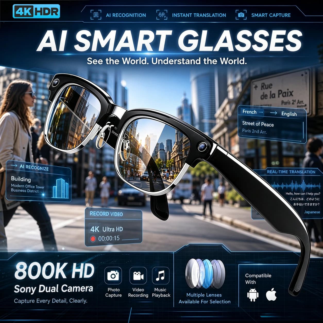 Okulary AI 2026 z tłumaczeniem na żywo i kamerą HD 8MP