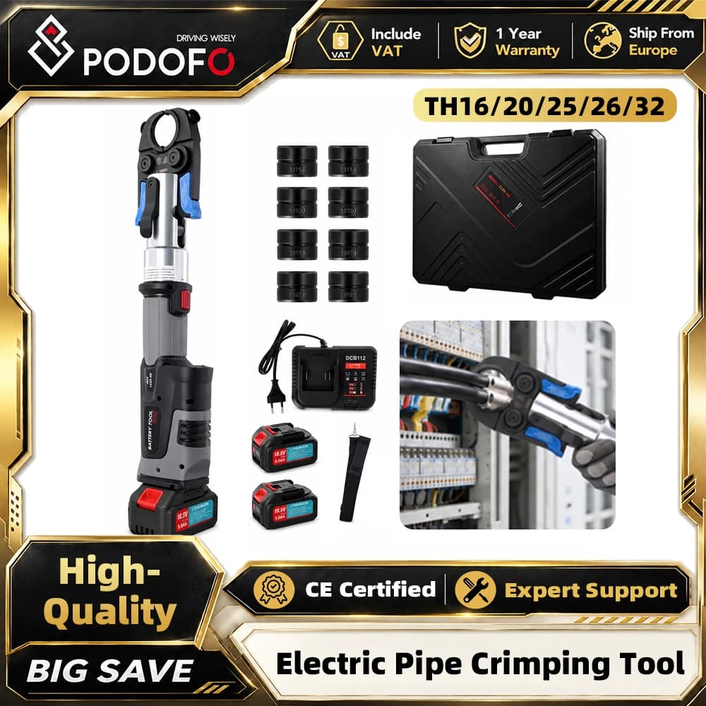Podofo — akumulatorowa zaciskarka hydrauliczna 18 V do rur, szczęki TH i U 16–32 mm