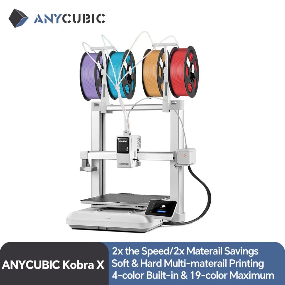 NOWA Drukarka 3D ANYCUBIC Kobra X z Obsługą Wielu Kolorów, Wbudowana Drukarka 3D do Druku Miękkich i Twardych Materiałów w 4 Kolorach, Maksymalna Prędkość Druku 600 mm/s