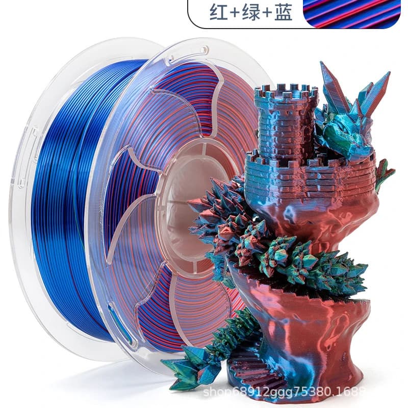 Filament do drukarki 3D PLA Silk Tricolor, 1.75mm, 1KG, czerwono-zielono-niebieski