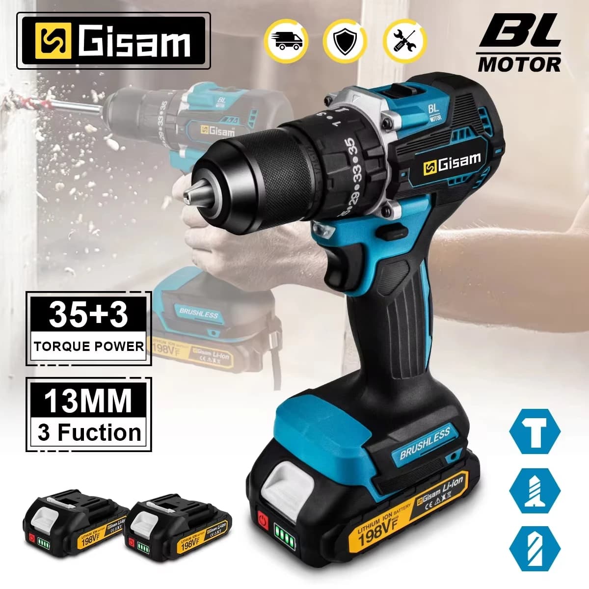 Gisam 65N.m 13MM 35 + 3 moment obrotowy bezszczotkowa elektryczna wiertarka udarowa akumulatorowa wkrętarka elektryczna elektronarzędzie do akumulatora Makita 18V Pin