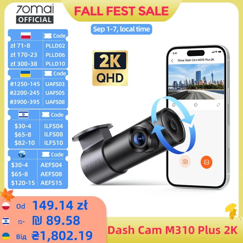70mai M310 Plus 2K Dash Cam 1440P Ulepszona Wizualizacja Nocna Przysłona f/1.55 Tryb Parkowania 24H Inteligentne Sterowanie Głosowe Kamera Samochodowa