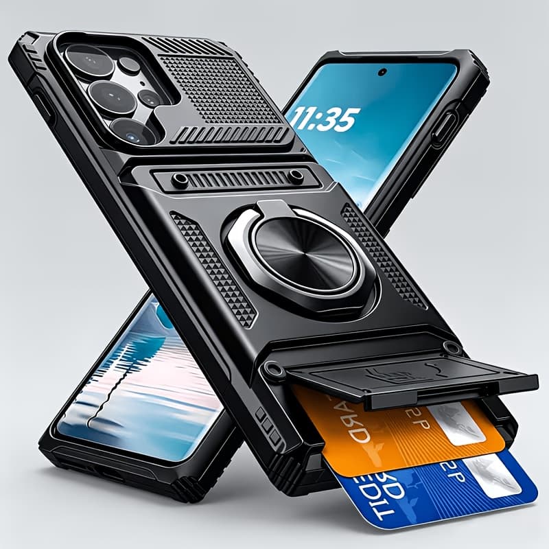 Etui z ukrytym slotem na karty i obrotowym pierścieniem 360° – do Samsung Galaxy S i A