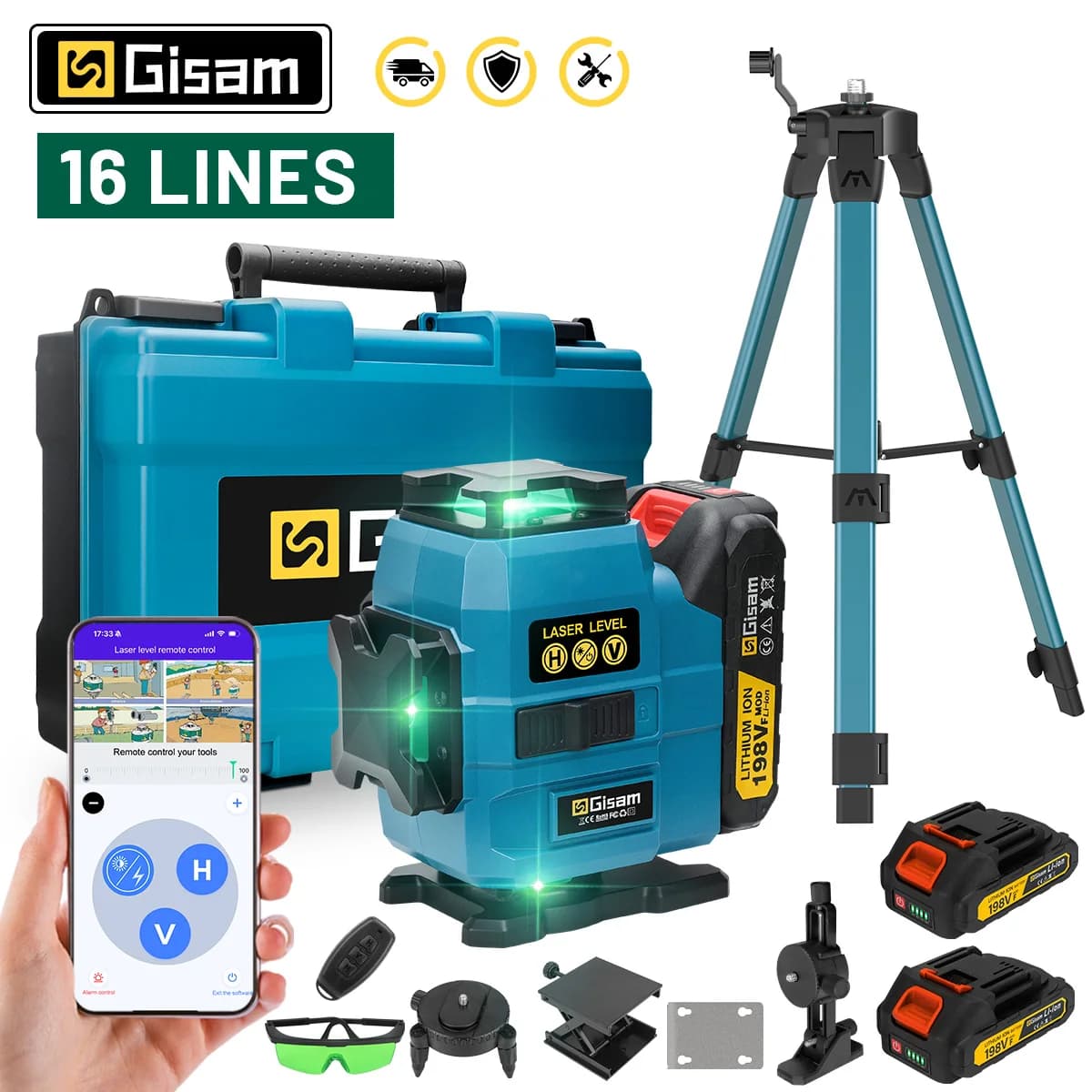 Poziomica laserowa Gisam 4D – 16 linii, 360°, zielona wiązka, do Makita 18 V