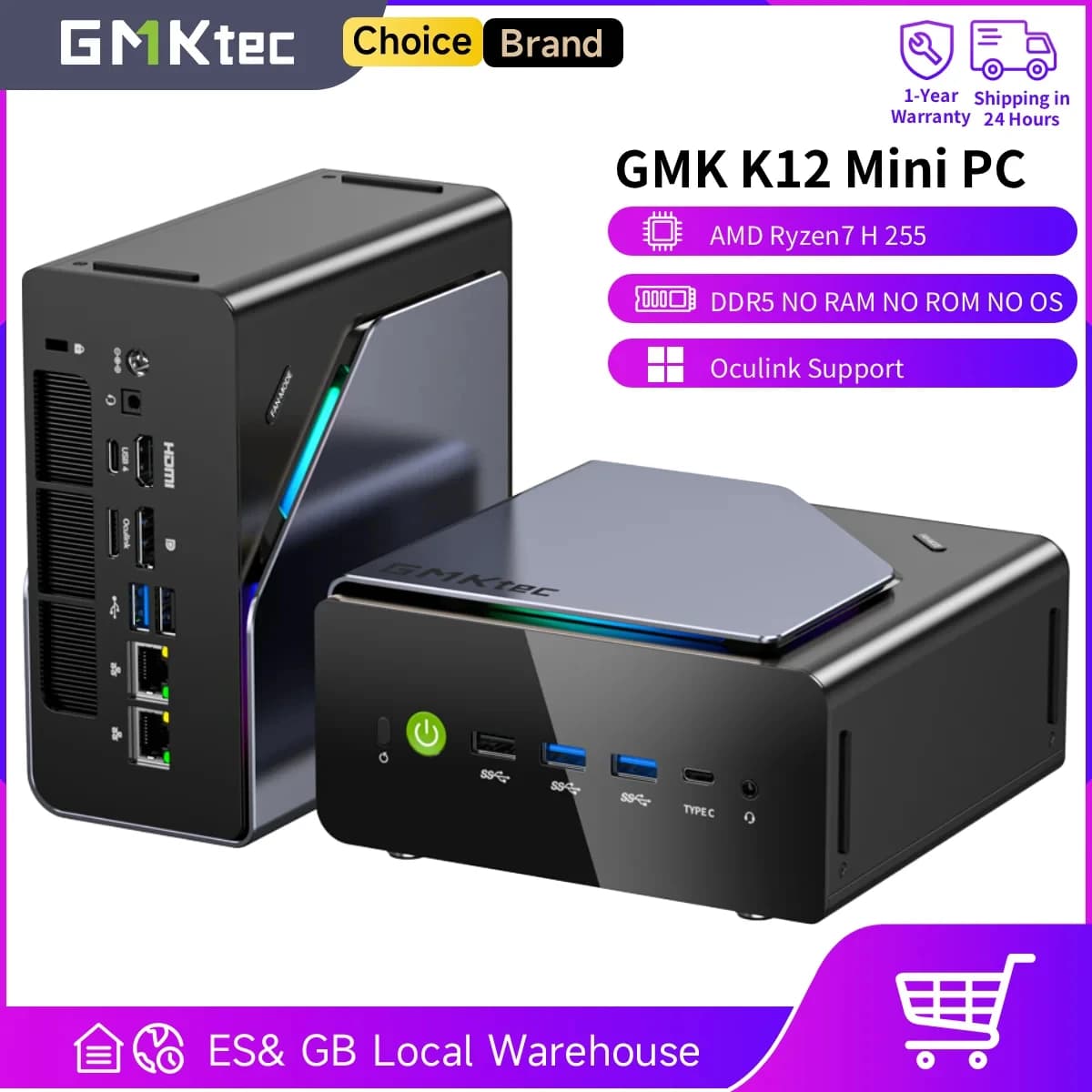 GMKtec K12 — mini PC z AMD Ryzen 7 H 255, Oculink, WiFi 6E (bez RAM/dysku/OS)