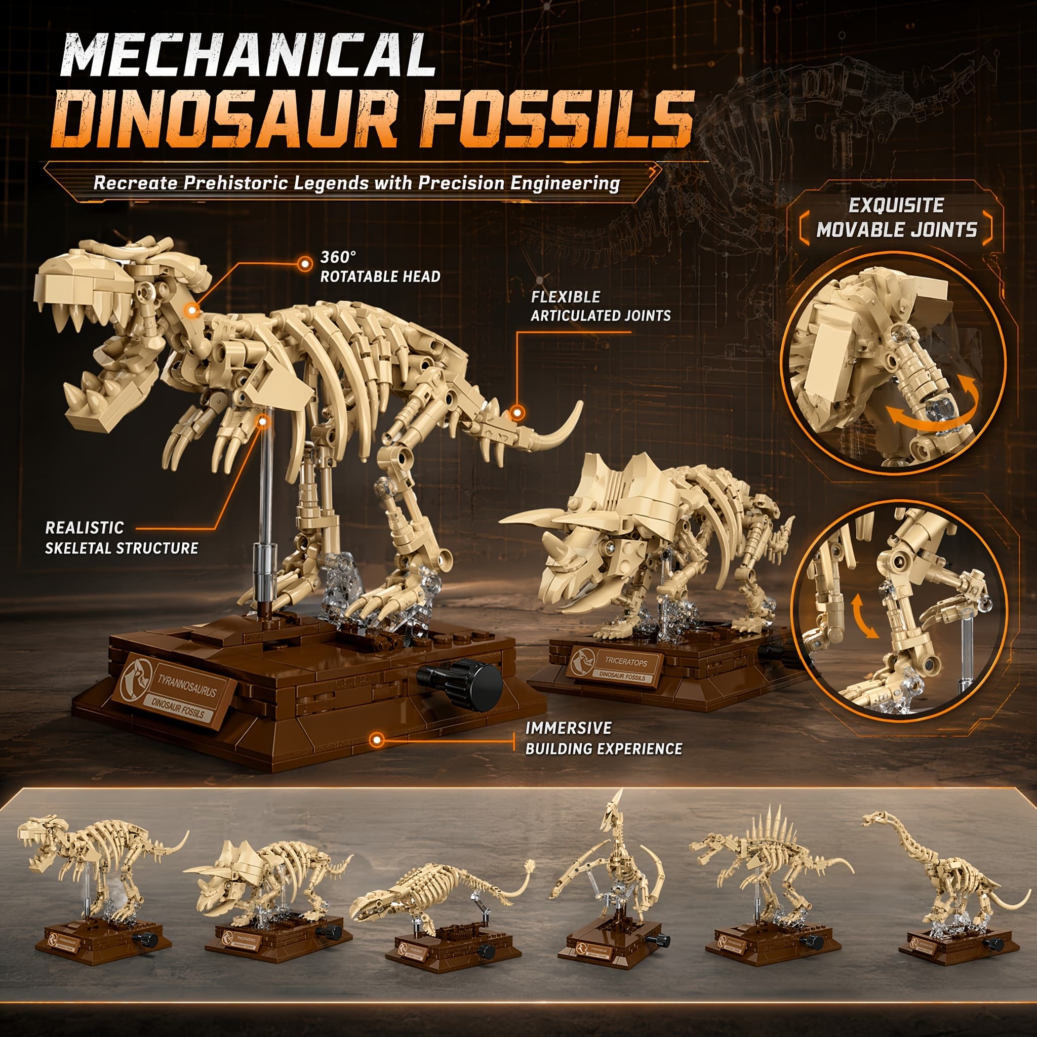 Klocki – szkielet dinozaura (T-Rex, Triceratops i inne) – model dekoracyjny z ABS